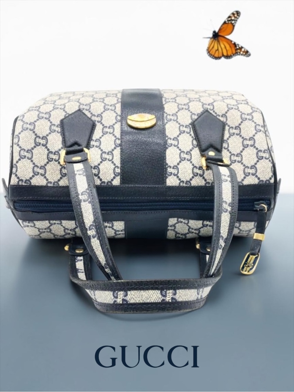 Vintage Gucci Plus GG Monogram Boston Bag - Rare Navy Blue/Black Coated Canvas - Picture 4 of 15